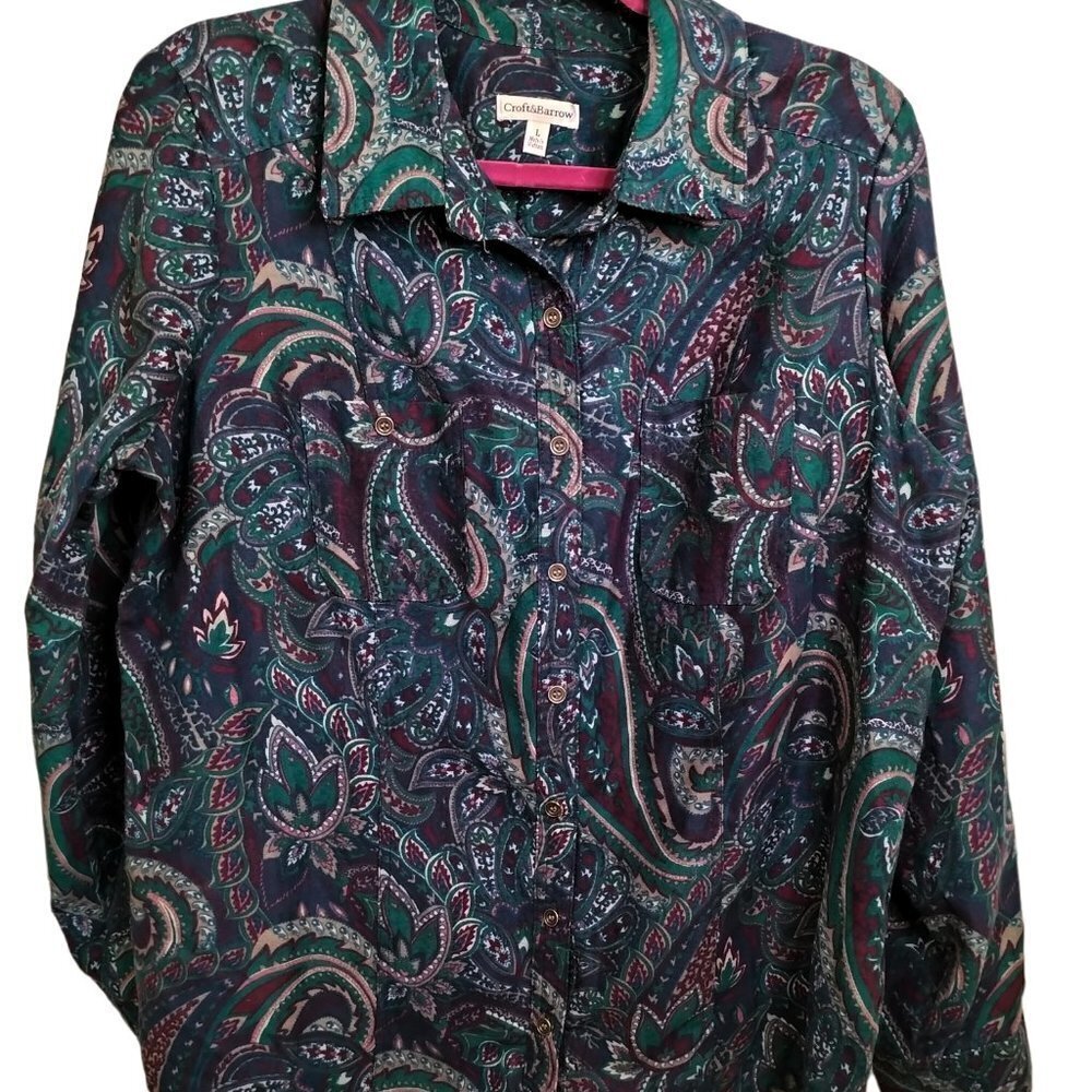 1023)Croft & Barrow Faux Suede Multi Color Paisley Button up Collar Shirt Size L
